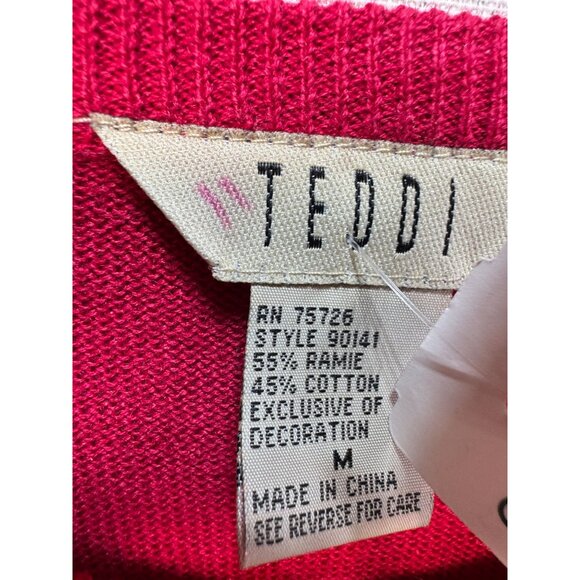Vintage Teddi Knitted Cardigan Sweater Size M Red Embroidery Floral Full Zip NWT - Picture 2 of 13